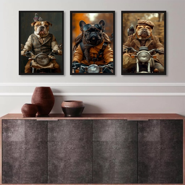 Kit 3 Quadros Cães Motociclistas 24x18cm Moldura:madeira Preta