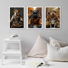 Kit 3 Quadros Cães Motociclistas 33x24cm Moldura:madeira Preta