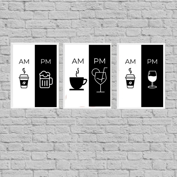 Kit 3 Quadros Café Bebidas Alcóolicas- Am Pm 24x18cm Moldura: