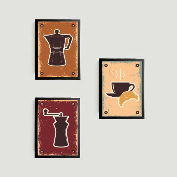 Kit 3 Quadros Café Com Croissant 33x24cm - Com Vidro Moldura: