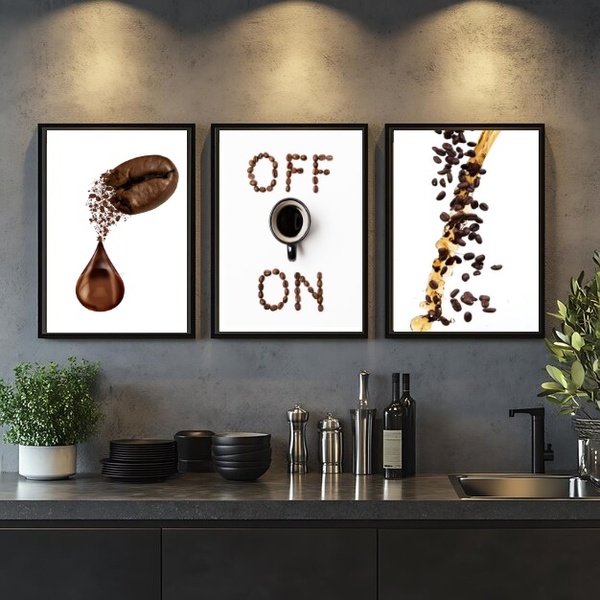 Kit 3 Quadros Café Grãos - On Off 24x18cm Moldura Branca