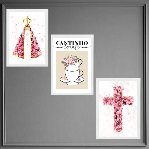Kit 3 Quadros Cantinho Café Nossa Senhora Flores 45x34cm - Co