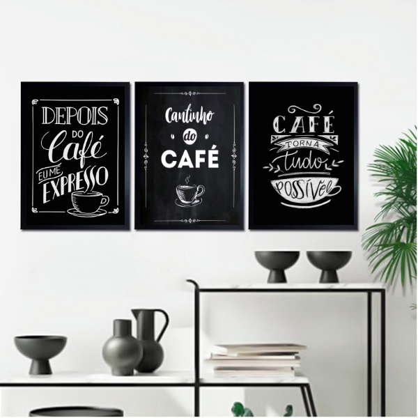 Kit 3 Quadros Cantinho Do Café Tipografia Giz 24x18cm - Com V