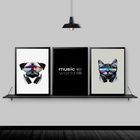 Kit 3 Quadros Cão E Gato Música 45x34cm - Com Vidro Moldura:m