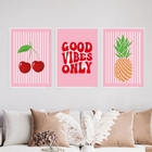 Kit 3 Quadros Cereja Abacaxi Good Vibes 24x18cm - Com Vidro M