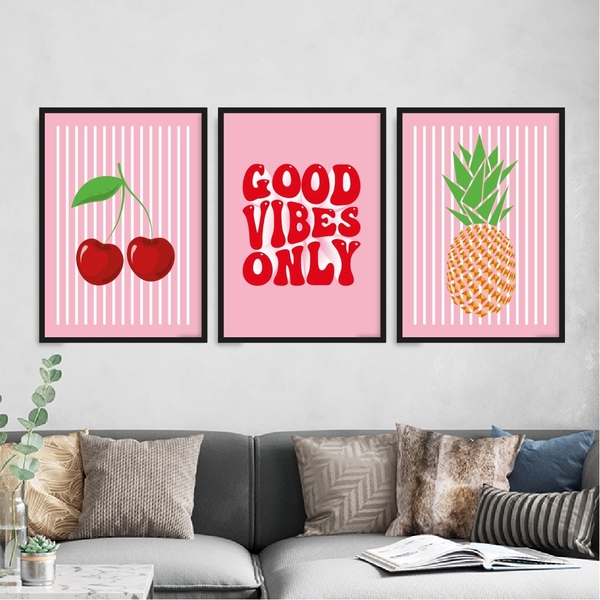 Kit 3 Quadros Cereja Abacaxi Good Vibes 45x34cm - Com Vidro M