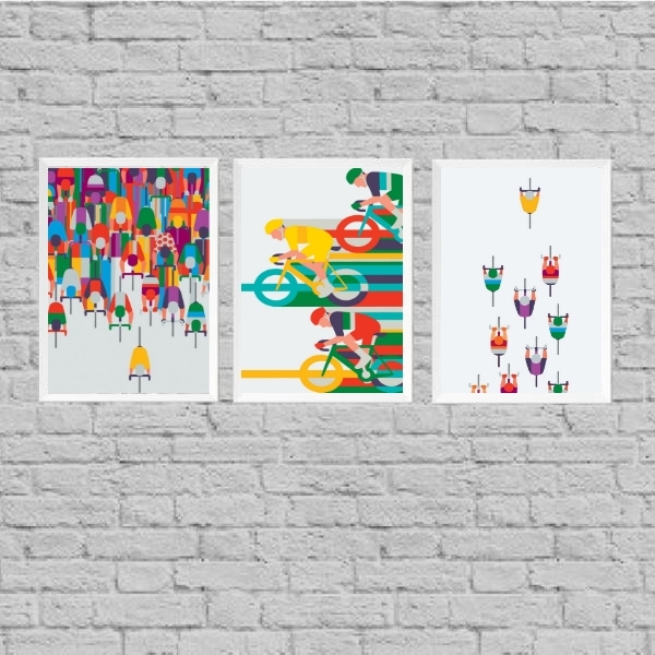 Kit 3 Quadros Ciclistas Ciclismo 24x18cm - Com Vidro Moldura: