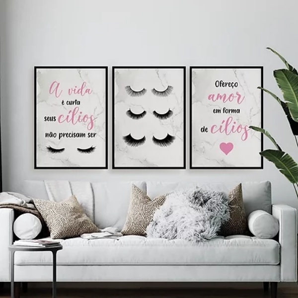 Kit 3 Quadros Cílios Em Forma De Amor 33x24cm - Com Vidro Mol
