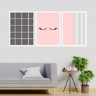 Kit 3 Quadros Cílios Listras Rosa 45x34cm - Com Vidro Moldura