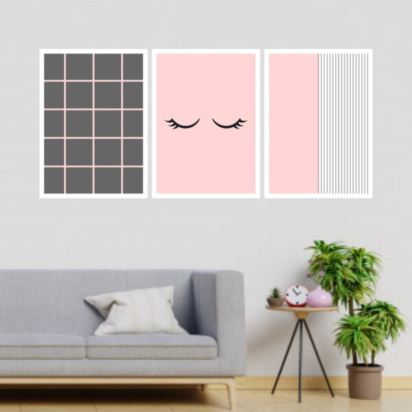 Kit 3 Quadros Cílios Listras Rosa 60x40cm Moldura:madeira Bra