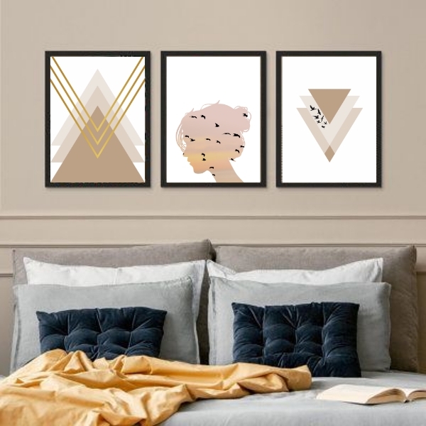 Kit 3 Quadros Claros Para Quarto Nude 24x18cm - Com Vidro Mol