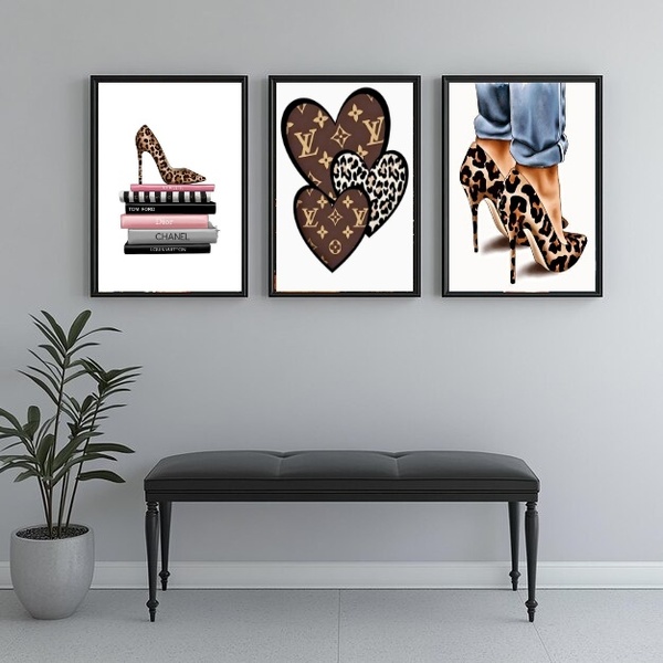 Kit 3 Quadros Closet - Oncinha Fashion 33x24cm - Com Vidro Mo