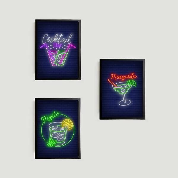 Kit 3 Quadros Cocktail Bar 45x34cm - Moldura Preta