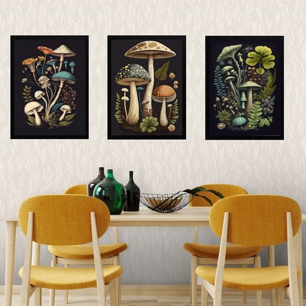 Kit 3 Quadros Cogumelos Vintage 45x34cm - Com Vidro Moldura:m