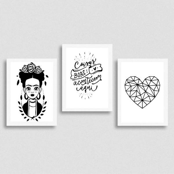 Kit 3 Quadros Coisas Boas Acontecem Aqui 33x24cm Moldura:made