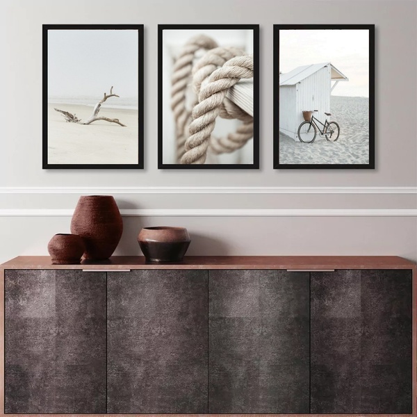 Kit 3 Quadros Coleção Praia Branco E Bege 24x18cm Moldura:mad