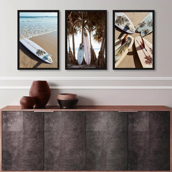 Kit 3 Quadros Coleção Praia - Pranchas Surf 24x18cm - Com Vid