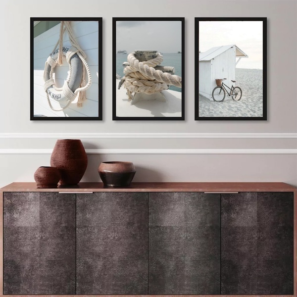 Kit 3 Quadros Coleção Praia Soft 24x18cm - Com Vidro Moldura: