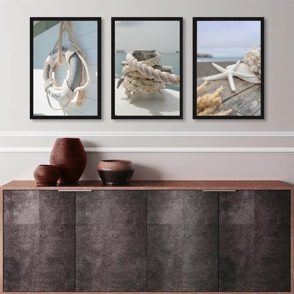 Kit 3 Quadros Coleção Praia Suave 33x24cm - Com Vidro Moldura