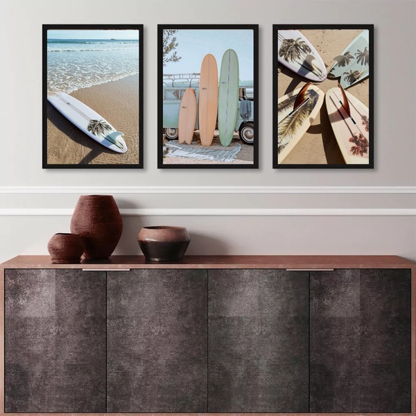 Kit 3 Quadros Coleção Praia Surf - Pranchas 33x24cm Moldura:m