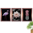 Kit 3 Quadros Com Molduras Rose Flamingo Abacaxi