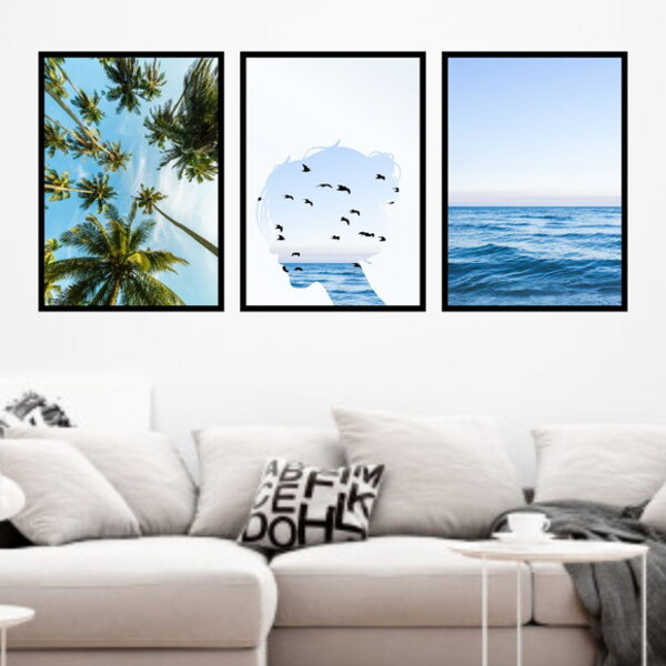 Kit 3 Quadros Coqueiros, Mulher E Mar 45x34cm - Com Vidro Mol