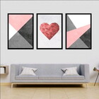 Kit 3 Quadros Coração Geométrico 45x34cm - Com Vidro Moldura:
