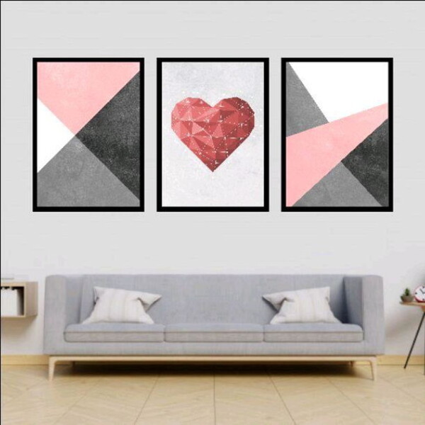 Kit 3 Quadros Coração Geométrico 60x40cm Moldura:madeira Preta