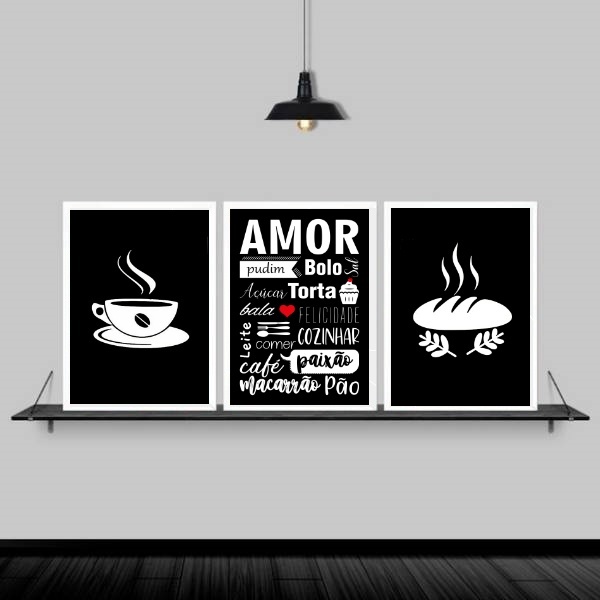 Kit 3 Quadros Cozinha Amor Nomes De Comida 45x34cm Moldura:ma