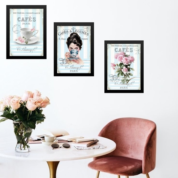 Kit 3 Quadros Cozinha Azul E Rosa Café De Paris 45x34cm Moldu