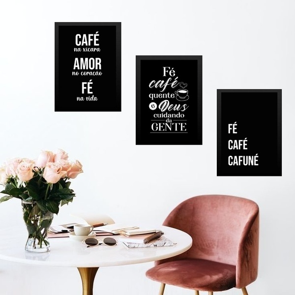 Kit 3 Quadros Cozinha Café Com Fé 24x18cm - Com Vidro Moldura