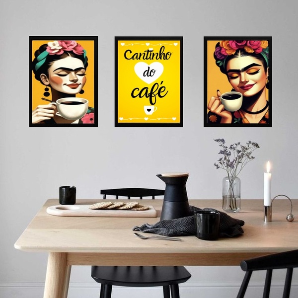 Kit 3 Quadros Cozinha Cantinho Do Café Frida 45x34cm Moldura: