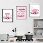 Kit 3 Quadros Cozinha Coração Da Casa Rosa 33x24cm - Com Vidr