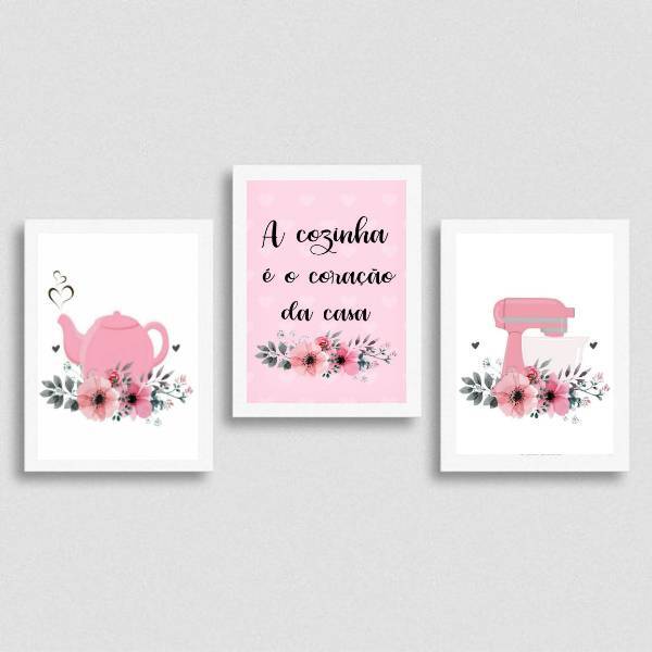 Kit 3 Quadros Cozinha Coração Da Casa Rosa 33x24cm Moldura:ma