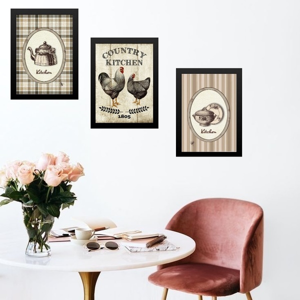 Kit 3 Quadros Cozinha Country Kitchen 45x34cm - Com Vidro Mol
