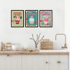 Kit 3 Quadros Cozinha - Cupcakes 45x34cm - Com Vidro Moldura