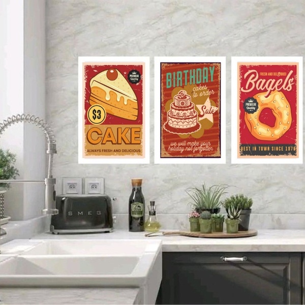 Kit 3 Quadros Cozinha - Doces 45x34cm Moldura Preta