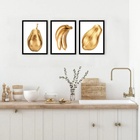 Kit 3 Quadros Cozinha Frutas Douradas 33x24cm - Com Vidro Mol