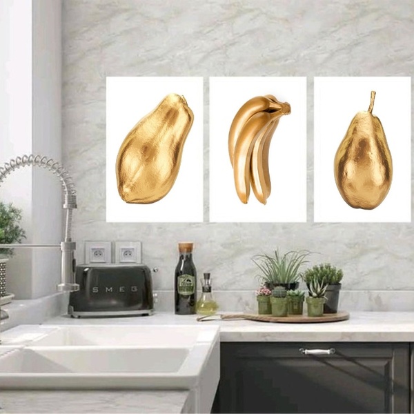 Kit 3 Quadros Cozinha Frutas Douradas 45x34cm - Com Vidro Mol