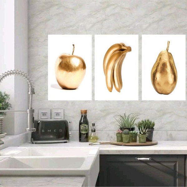 Kit 3 Quadros Cozinha Frutas Ouro 24x18cm - Com Vidro Moldura