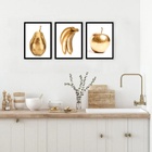 Kit 3 Quadros Cozinha Frutas Ouro 24x18cm - Com Vidro Moldura