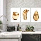 Kit 3 Quadros Cozinha Frutas Ouro 24x18cm Moldura Preta