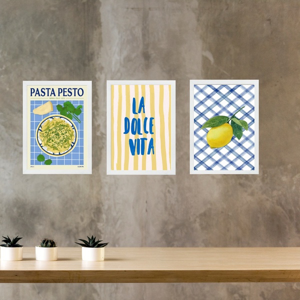 Kit 3 Quadros Cozinha Italiana Amarelo E Azul 24x18cm Moldura