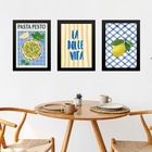 Kit 3 Quadros Cozinha Italiana Amarelo E Azul 33x24cm - Com V