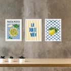 Kit 3 Quadros Cozinha Italiana Amarelo E Azul 45x34cm - Com V