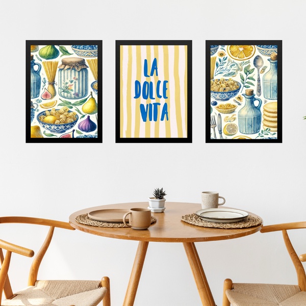 Kit 3 Quadros Cozinha Italiana - La Dolce Vita 33x24cm Moldur