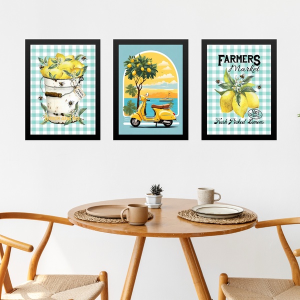 Kit 3 Quadros Cozinha Italiana Limão Siciliano 24x18cm - Com