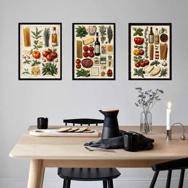 Kit 3 Quadros Cozinha Italiana Vintage - Ingredientes 24x18cm