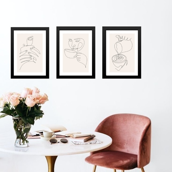 Kit 3 Quadros Cozinha Minimalista Café - Bege E Branco 45x34c