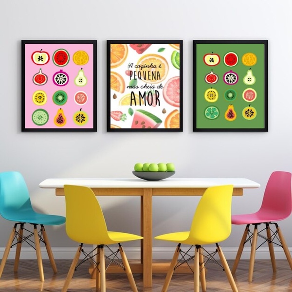 Kit 3 Quadros Cozinha Pequena - Frutinhas 24x18cm Moldura Pre